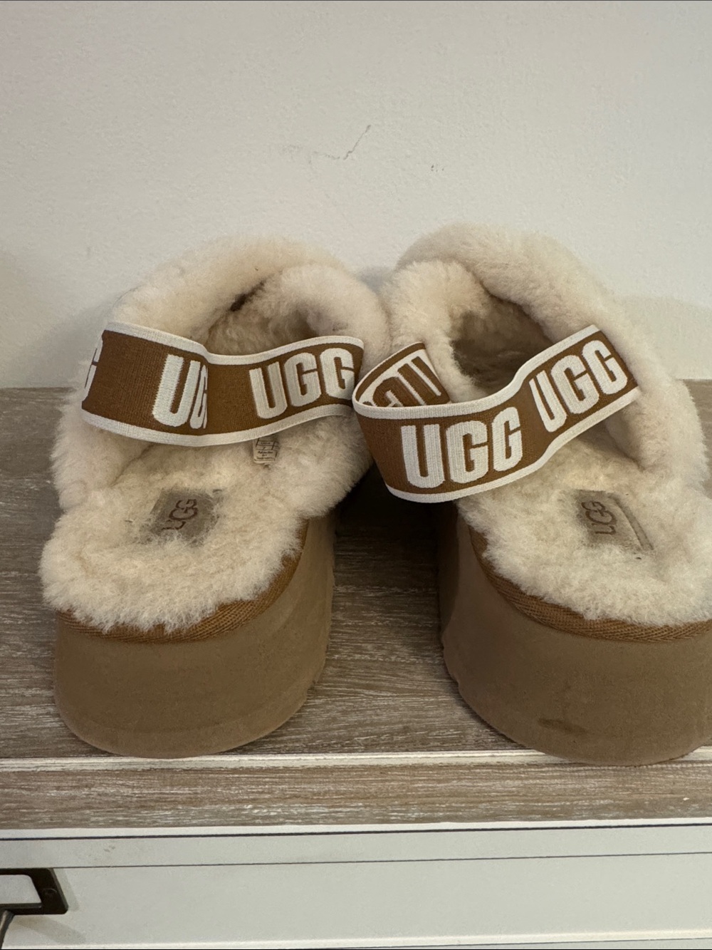 UGG Chestnut and Cream Fluff Flip Flop Slippers with Logo Strap - Picture 4 of 12